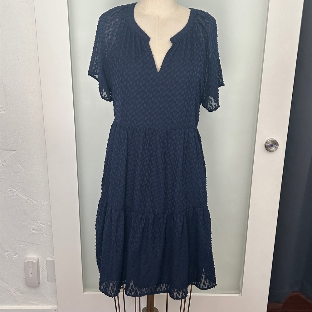 Skies are blue textured short sleeve navy mini dress L